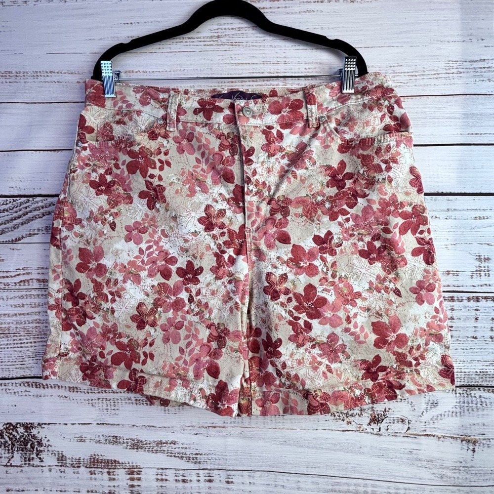 Vintage Floral Denim Shorts 16 Red Pink Cotton Stretch Jorts Cottage Feminine - Picture 5 of 11